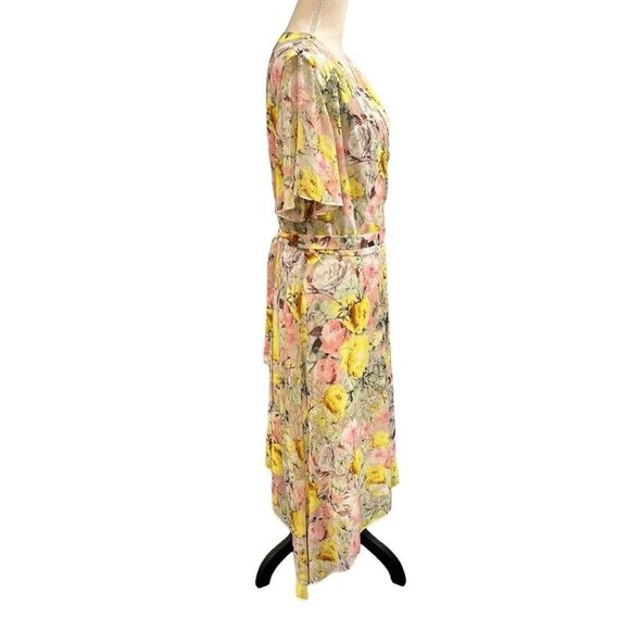 INC Wrap Dress Womens 20W Yellow Floral Midi Semi Sheer Lined Flowy Romantic - Picture 4 of 9